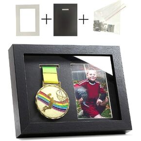 Shadow Box for Medals, Race Bibs, and Photos Display - 7 Medal Display Case - Large Medal Display Picture Frame for Marathon Runner, Race Winner, Military Awards, Triathlons & All Sports (Black, A3)