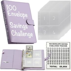 100 Envelopes Money Saving Challenge: Magnetic Buckle, A5 Binder, Numbered Sheets, Light Purple, 52-Week Money Challenge, Ultimate Kit with 5,050 Saving Guide for a Transformative Financial Journey