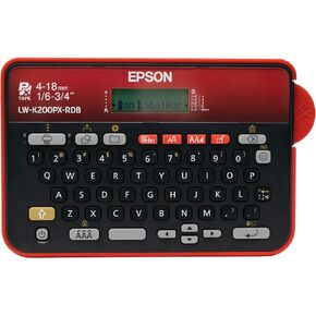 LABELWORKS Epson LW-K200PX-RDB صانع ملصقات لوحة مفاتيح QWERTY المحمولة للمنزل والهوايات - الحرف اليدوية والتنظيم والتخصيص - طابعة باللون الأحمر والأسود