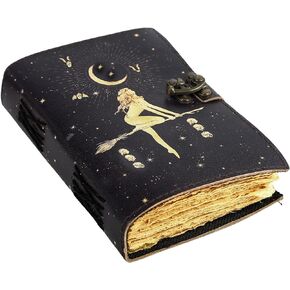 UROOJ HANDICRAFT Celestial Sun & moon Handmade vintage leather journal • Deckle edge paper, Blank spell book of shadows grimoire journal, gift for him her Moon Phase Totem Talisman Prints (7x5)