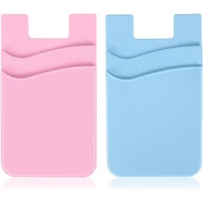2Pack Cell Phone Card Holder,Stick on Credit Card Wallet Silicone Double Pocket for Back of Cell Phone case-Black,Navy Blue