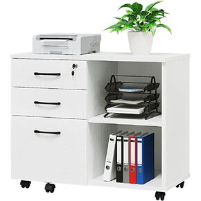 Wood File Cabinet, 3 Drawer Mobile Lateral Filing Cabinet On Wheels, Printer Stand with Open Storage Shelves for Home Office(White) in Kuwait