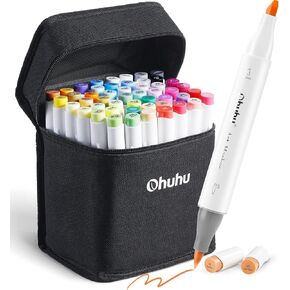 Ohuhu Alcohol Markers Brush Tip: 48-Color Double Tipped Art Marker Set for Artist Adults Coloring Illustrations -Honolulu -Brush & Chisel -Refillable