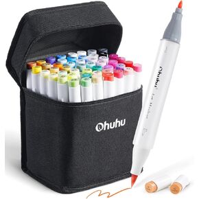 Ohuhu Alcohol Markers Brush Tip: 48-Color Double Tipped Art Marker Set for Artist Adults Coloring Illustrations -Honolulu -Brush & Chisel -Refillable