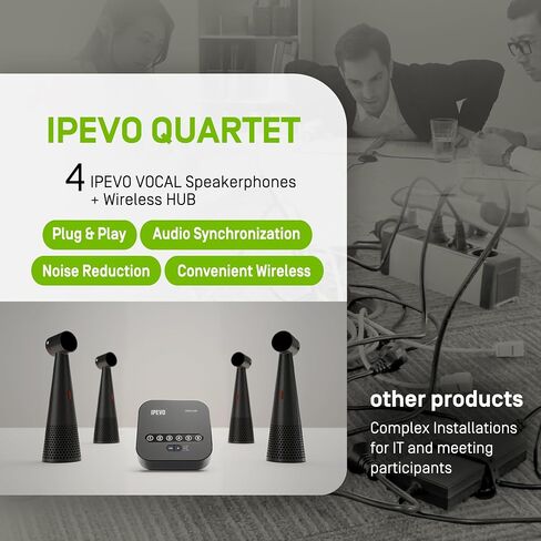 IPEVO Quartet Wireless Pairing 4 Conference Speakers/Microphones Vocal, 360° Voice Pickup, Two-WayAI Noise Reduction, USB or Bluetooth or Line in/Out Connected Modes, for 9-12 People in Saudi Arabia