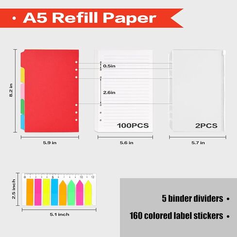 HIBOX 100 قطعة من ورق إعادة التعبئة A5، 200 صفحة مبطنة 6 فتحات ورق أوراق فضفاضة 160 قطعة علامات تبويب مؤشرة مع مسطرة 2 قطعة جيوب PVC 5 قطع فواصل للمكتب المدرسي in Kuwait