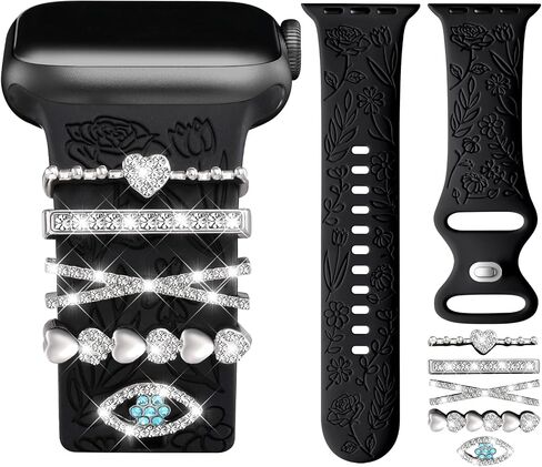 DaQin Flower Engraved Band Compatible with Apple Watch Bands for Women 40mm 38mm 41mm 42mm, Soft Silicone Strap With Dressy Decorative Apple Watch Charms for iWatch Series 11 10 9 8 7 6 5 4 3 2 1 SE in Kuwait