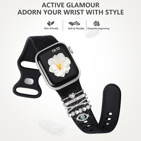 DaQin Flower Engraved Band Compatible with Apple Watch Bands for Women 40mm 38mm 41mm 42mm, Soft Silicone Strap With Dressy Decorative Apple Watch Charms for iWatch Series 11 10 9 8 7 6 5 4 3 2 1 SE in Kuwait
