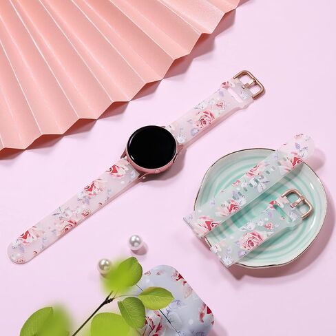 GEAK متوافق مع Samsung Galaxy Watch Bands 7 6 5 4 FE/Galaxy Watch 7 6 5 4 Bands 40mm 44mm, 20mm Silicone Band for Galaxy Watch 5 pro/Watch 4 6 Classic 42mm 46mm 43mm 47mm Women Pink Flower in Kuwait