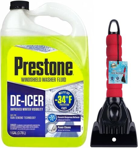 Prestone De-Icer Winter Windshield Washer Fluid, AS253 Freeze Protection up to -34°F windshield wiper fluid, 1-gallon deicer windshield washer fluid, Includes Ice Scraper for Car Windshield in Saudi Arabia