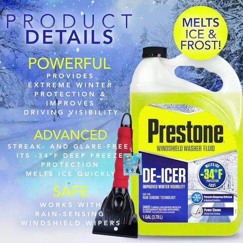 Prestone De-Icer Winter Windshield Washer Fluid, AS253 Freeze Protection up to -34°F windshield wiper fluid, 1-gallon deicer windshield washer fluid, Includes Ice Scraper for Car Windshield in Saudi Arabia