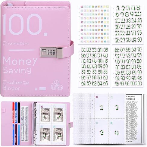 100 Envelopes Challenge Binder with Combination Lock,Money Saving Binder for Planning and Saving $5050,A5 Budget Binder with Cash Envelopes for Girl Women Birthday Gift Cash & Expense Envelopes in Kuwait