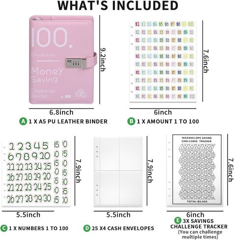 100 Envelopes Challenge Binder with Combination Lock,Money Saving Binder for Planning and Saving $5050,A5 Budget Binder with Cash Envelopes for Girl Women Birthday Gift Cash & Expense Envelopes in Kuwait