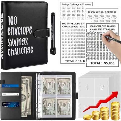 100 Envelopes Money Savings Challenges Book with Envelopes, 100 Day Challenge Money Saving Budget Binder for Cash Saving, Motivational Process to Save $5050,10,100, 10,000, 500 (Black) in Saudi Arabia