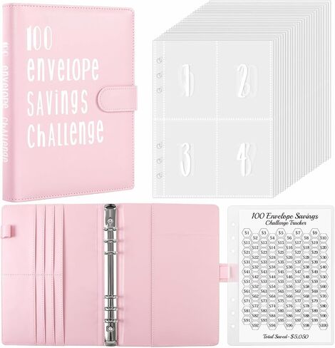 SKYDUE 100 Envelopes Money Saving Challenge Binder, Savings Challenges Book with Envelopes & Reusable Tracker, 100 Day Money Saving Binder Kit to Save 5050, A5 Pink in Saudi Arabia