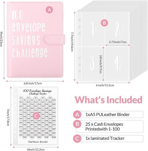 SKYDUE 100 Envelopes Money Saving Challenge Binder, Savings Challenges Book with Envelopes & Reusable Tracker, 100 Day Money Saving Binder Kit to Save 5050, A5 Pink in Saudi Arabia