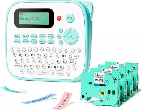 آلة صنع الملصقات الوردية مع 4 أشرطة مغلفة، ملصق لوحة مفاتيح QWERTY محمول، طابعة D210S سهلة صنع الملصقات المحمولة لوضع العلامات على الزجاجة، الجرة، للمنزل والمكتب وتنظيم الأطفال in Kuwait