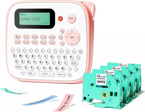 آلة صنع الملصقات الوردية مع 4 أشرطة مغلفة، ملصق لوحة مفاتيح QWERTY محمول، طابعة D210S سهلة صنع الملصقات المحمولة لوضع العلامات على الزجاجة، الجرة، للمنزل والمكتب وتنظيم الأطفال in Saudi Arabia