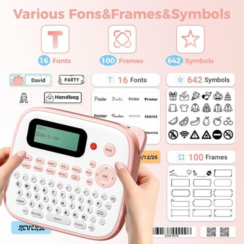 آلة صنع الملصقات الوردية مع 4 أشرطة مغلفة، ملصق لوحة مفاتيح QWERTY محمول، طابعة D210S سهلة صنع الملصقات المحمولة لوضع العلامات على الزجاجة، الجرة، للمنزل والمكتب وتنظيم الأطفال in Saudi Arabia