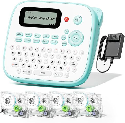 Labelife Label Maker Machine with 4 Tapes, Portable Label Maker D210S, QWERTY Keyboard, One-Touch Keys, Easy-to-Use, Handheld Label Maker with Tapes and AC Adapter, for Home Office Organization, Green in Saudi Arabia