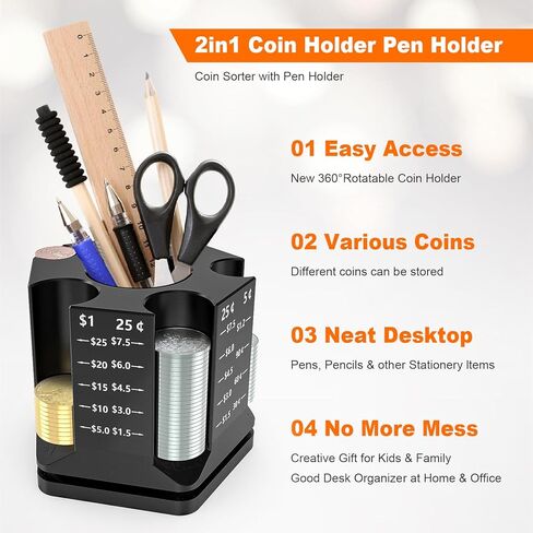 فارز العملات المعدنية من فازيويار، منظم مكتب مبتكر 2 في 1، فارز العملات المعدنية قابل للدوران 360 درجة وحامل أقلام، بنك الخنزير للأطفال البالغين، منظم حامل أقلام الرصاص لمكتب المنزل والمكتب in Kuwait