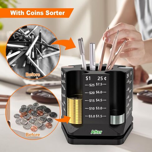 فارز العملات المعدنية من فازيويار، منظم مكتب مبتكر 2 في 1، فارز العملات المعدنية قابل للدوران 360 درجة وحامل أقلام، بنك الخنزير للأطفال البالغين، منظم حامل أقلام الرصاص لمكتب المنزل والمكتب in Kuwait