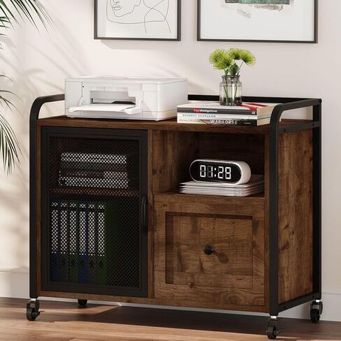 BON AUGURE Lateral File Cabinet for Home Office, Rolling Filing Cabinets with Drawer, Mobile Wood Metal Printer Stand with Storage (Rustic Oak) in Saudi Arabia