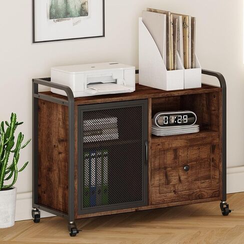 BON AUGURE Lateral File Cabinet for Home Office, Rolling Filing Cabinets with Drawer, Mobile Wood Metal Printer Stand with Storage (Rustic Oak) in Saudi Arabia