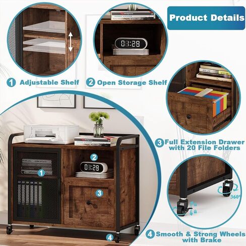 BON AUGURE Lateral File Cabinet for Home Office, Rolling Filing Cabinets with Drawer, Mobile Wood Metal Printer Stand with Storage (Rustic Oak) in Saudi Arabia