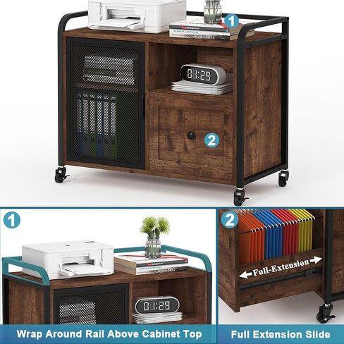 BON AUGURE Lateral File Cabinet for Home Office, Rolling Filing Cabinets with Drawer, Mobile Wood Metal Printer Stand with Storage (Rustic Oak) in Saudi Arabia