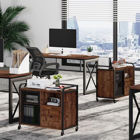 BON AUGURE Lateral File Cabinet for Home Office, Rolling Filing Cabinets with Drawer, Mobile Wood Metal Printer Stand with Storage (Rustic Oak) in Saudi Arabia