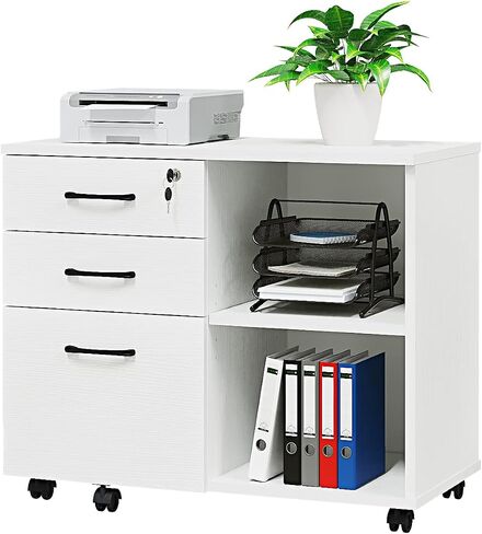 Wood File Cabinet, 3 Drawer Mobile Lateral Filing Cabinet On Wheels, Printer Stand with Open Storage Shelves for Home Office(White) in Kuwait