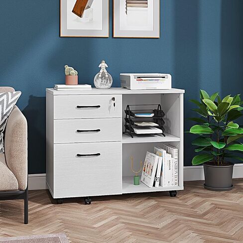 Wood File Cabinet, 3 Drawer Mobile Lateral Filing Cabinet On Wheels, Printer Stand with Open Storage Shelves for Home Office(White) in Kuwait