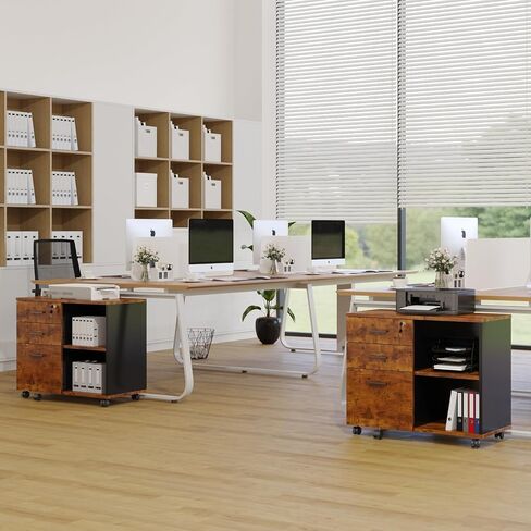 Wood File Cabinet, 3 Drawer Mobile Lateral Filing Cabinet On Wheels, Printer Stand with Open Storage Shelves for Home Office(White) in Saudi Arabia