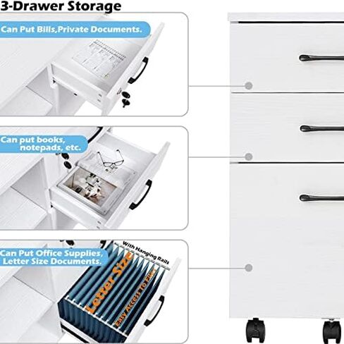 Wood File Cabinet, 3 Drawer Mobile Lateral Filing Cabinet On Wheels, Printer Stand with Open Storage Shelves for Home Office(White) in Kuwait