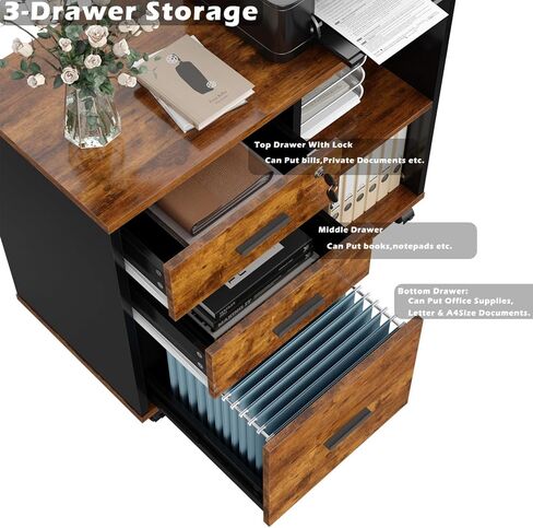 Wood File Cabinet, 3 Drawer Mobile Lateral Filing Cabinet On Wheels, Printer Stand with Open Storage Shelves for Home Office(White) in Saudi Arabia