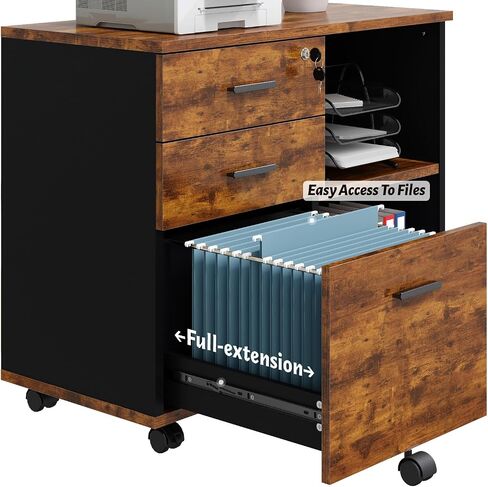 Wood File Cabinet, 3 Drawer Mobile Lateral Filing Cabinet On Wheels, Printer Stand with Open Storage Shelves for Home Office(White) in Saudi Arabia
