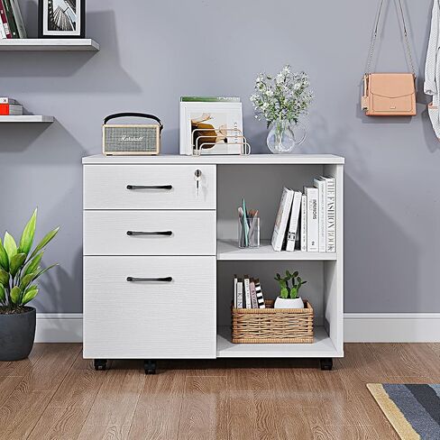Wood File Cabinet, 3 Drawer Mobile Lateral Filing Cabinet On Wheels, Printer Stand with Open Storage Shelves for Home Office(White) in Kuwait