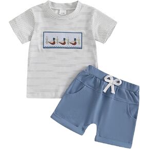 Toddler Baby Boy Hunting Outfit Short Sleeve Duck Print Pocket T Shirt Drawstring Waist Shorts Set Summer Clothes
