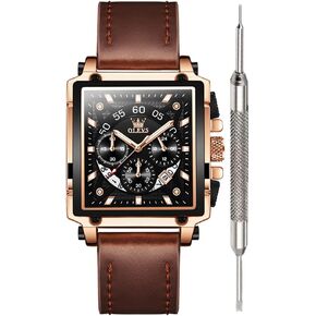 OLEVS Mens Leather Multifunction Watch Quartz Classic Square Watches for Men