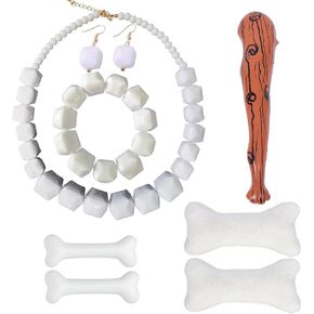 8 Pcs Women Costume Accessories Set with Acrylic White Beads Necklace, Earrings, Bracelet, Bone Hair Clips and Inflatable Wooden Stick for Halloween Cosplay