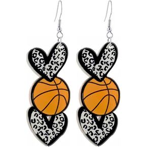 Acrylic Sports Ball Heart Shaped Dangle Drop Earrings for Women Cute Football Basketball Volleyball Baseball Softball Leopard Print Love Shape Earrings Sport Game Day Jewelry Gift