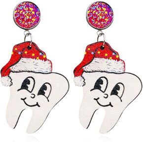 Unique Retro Handmade Christmas Wooden Earrings Lightweight Wood Santa Claus Snowflake Snowman Christmas Tree Bells Drop Dangle Earring for Women Christmas Jewelry