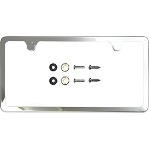 T304 Stainless Steel Polish Mirror Two Hole Slim License Plate Frame Holder Tag w/Chrome Metal Cap …