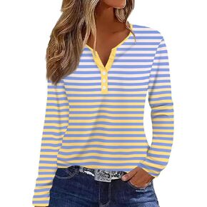 Hilinker Womens V Neck Striped Tops Long Sleeve Henley Shirts Button Down Tunic