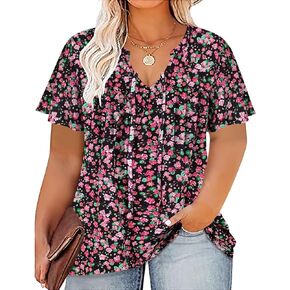 RITERA Plus Size Blouse for Women V Neck Short Sleeve Tops Pullover Flower Pattern Shirts Oversize Tunic 12W-28W Xl-5Xl