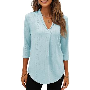 Miselon Women's Casual V Neck Shirts Three Quarter Sleeve Tops Tunic Blouses Sky Blue L