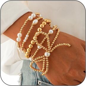 Gold Bow Bracelet for Women Gold Beaded Bracelets Adjustable Stretch Pearl Bead Ball Bracelets Bohemian Stackable Bow Beaded Bracelets for Christmas Daily Accessories Jewelry