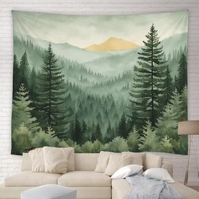AMFD Misty Forest Tapestry Watercolor Foggy Jungle Mountain Green Pine Tree Rustic Nature SceneryHome Decor Tapestries Wall Blanket For Bedroom Living Room Dorm(59.1 x 51 inches)