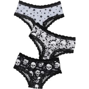 WDIRARA Women's Plus Size 3 Pack Gothic Print Hipster Panties Lace Trim Spooky Low Rise Triangle Briefs